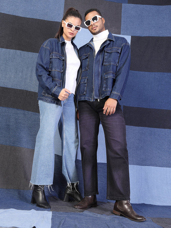 Vestido Modas Unisex Blue Denim Cargo Utility Oversized Jacket