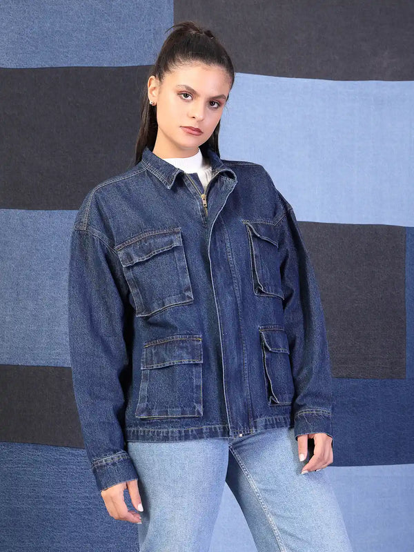 Vestido Modas Women Blue Denim Cargo Utility Oversized Jacket