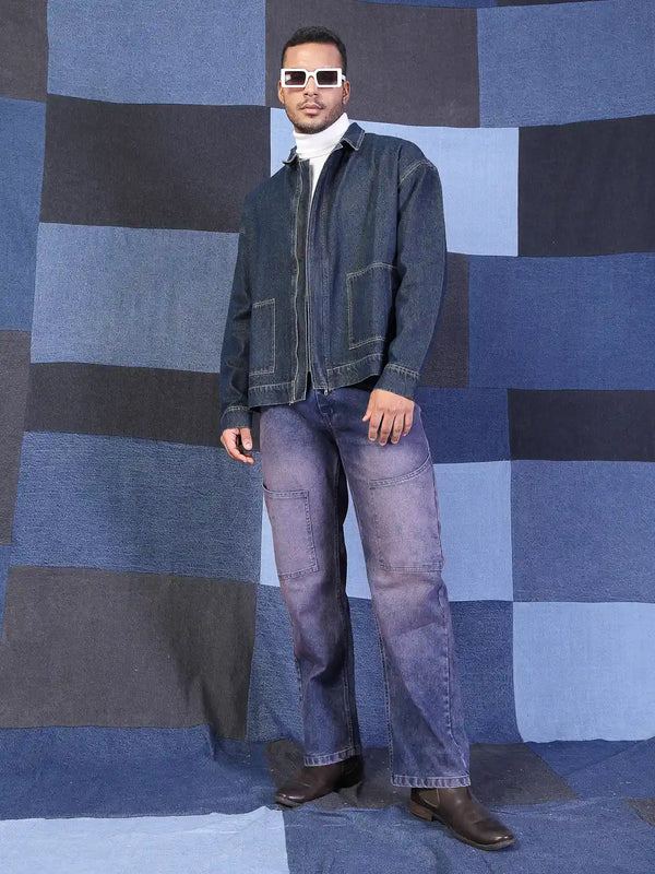 Vestido Modas Men Navy Blue Denim Utility Oversized Jacket