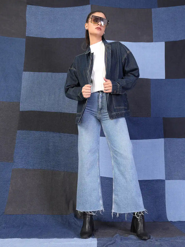 Vestido Modas Women Navy Blue Denim Utility Oversized Jacket