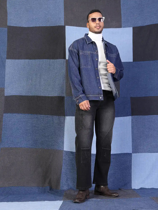 Vestido Modas Men Navy Blue Denim Front Pocket Oversized Jacket