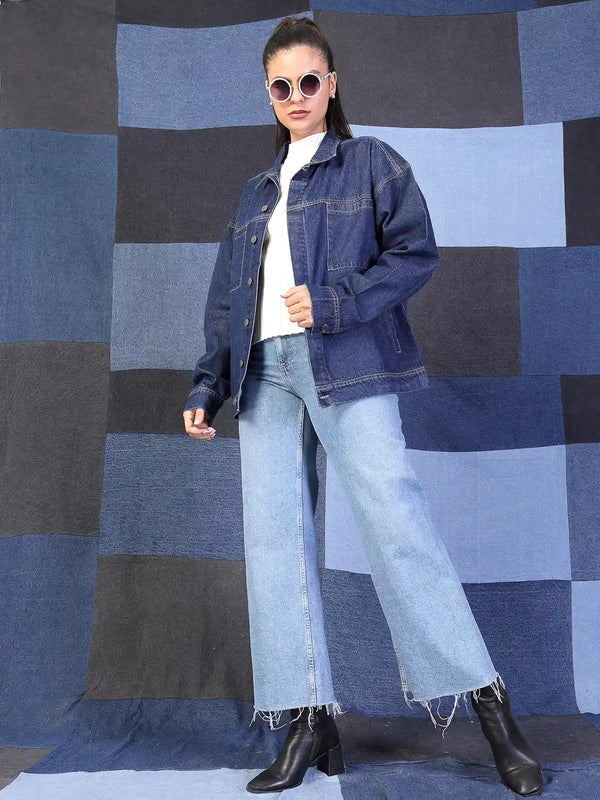 Vestido Modas Women Navy Blue Denim Front Pocket Oversized Jacket