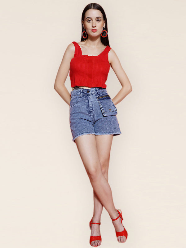 Vestido Modas Blue Denim Front Hanging Pocket Stretchable Shorts