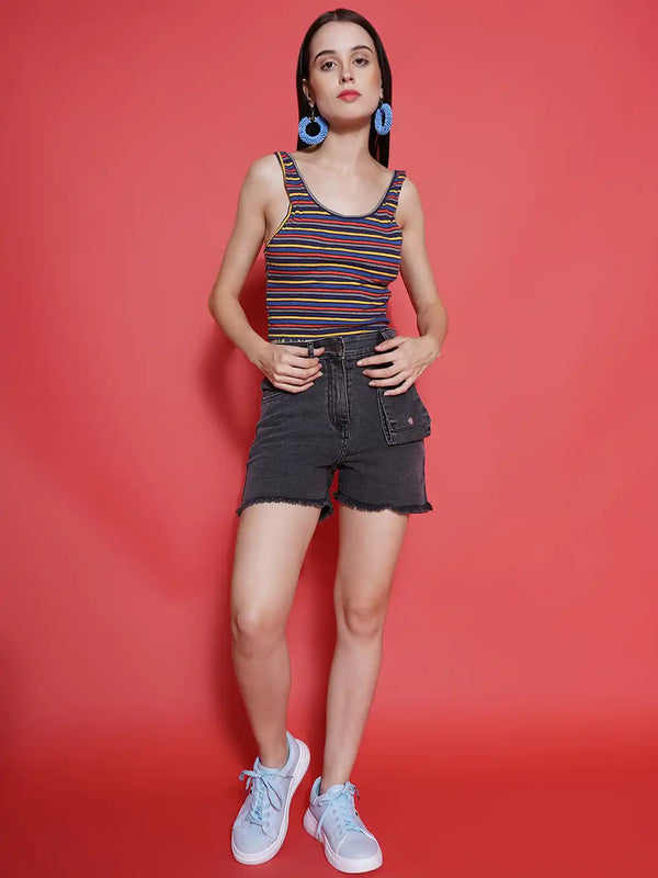 Vestido Modas Black Denim Front Hanging Pocket Stretchable Shorts