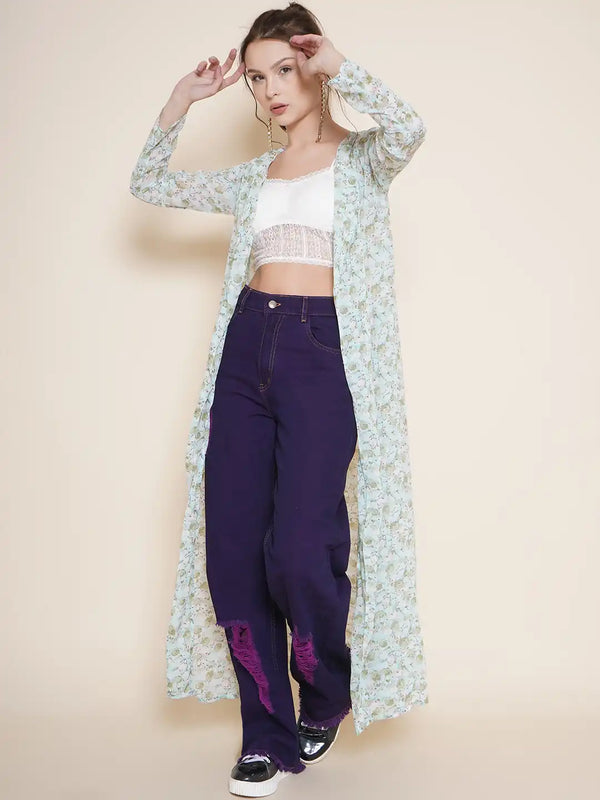 Vestido Modas Green Floral Notch Collar Front Open Shrug