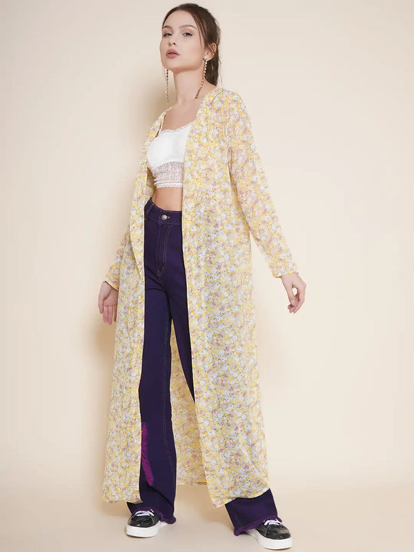 Vestido Modas Yellow Floral Notch Collar Front Open Shrug