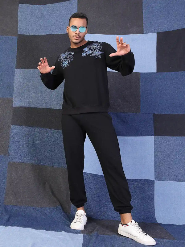Vestido Modas Men Black Oversized Embroidery Sweatshirt With Jogger