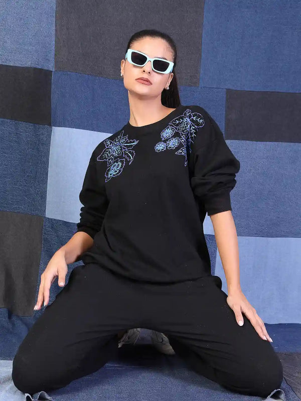 Vestido Modas Women Black Oversize Embroidery Sweatshirt