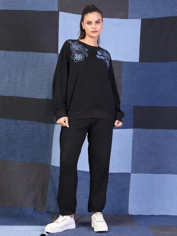 Vestido Modas Women Black Oversized Embroidery Sweatshirt With Jogger