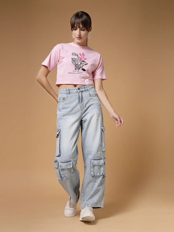 Vestido Modas Pink Print Crop T-Shirt