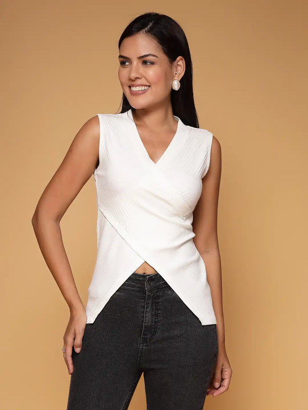 Vestido Modas Women Sleeveless Off White V-Neck Wrap Rib Stretchable Tops