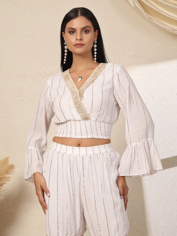 Vestido Modas Women White Lurex Wrap Neck Crop Top