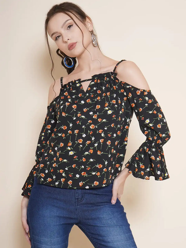 Vestido Modas Black Floral Cold Shoulder Strappy Top