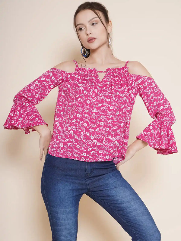 Vestido Modas Fuchsia Floral Cold Shoulder Strappy Top