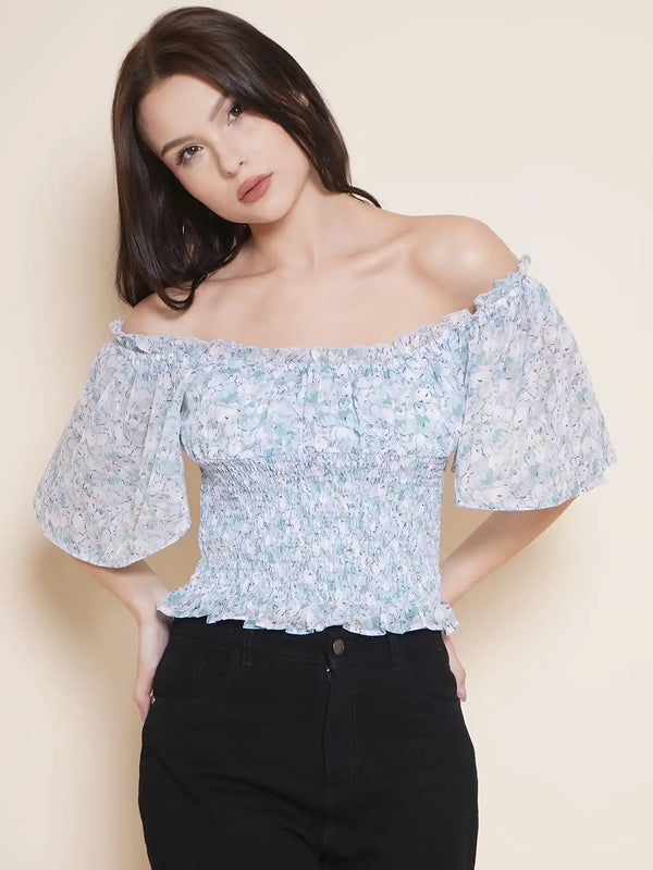 Vestido Modas Aqua Blue Floral Off Shoulder Top
