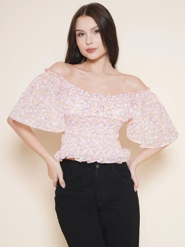 Vestido Modas Pink Floral  Off Shoulder Top