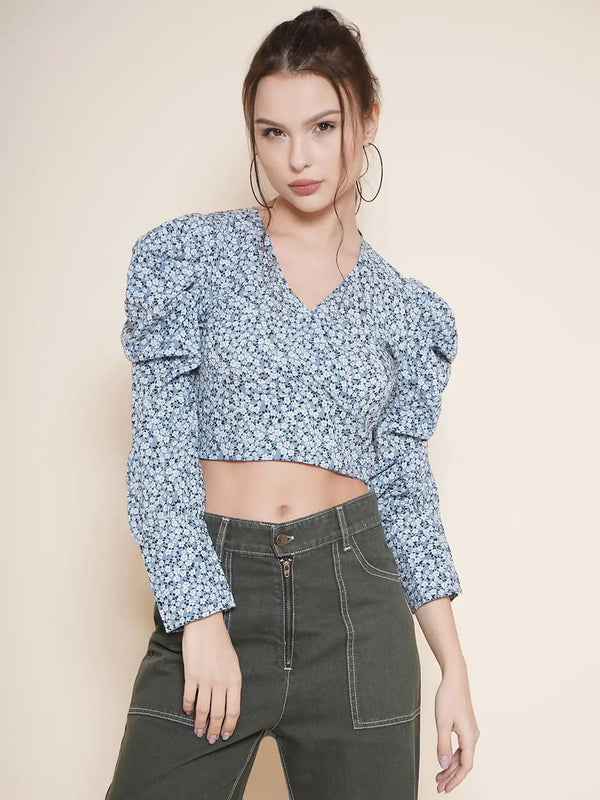 Vestido Modas Blue Ditsy Floral Wrap Crop Top