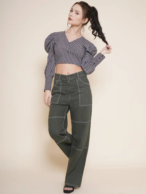 Vestido Modas Black Geometrical Print Wrap Crop Top