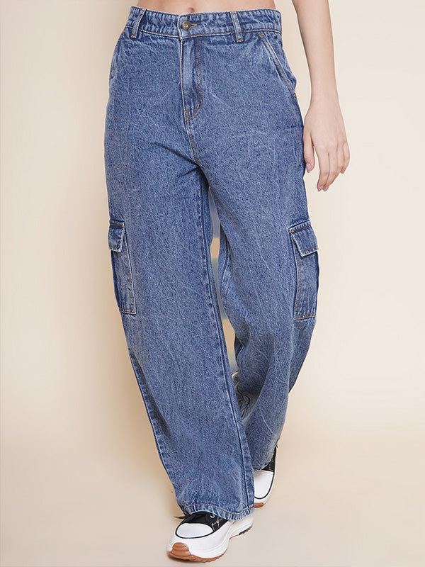 Women blue cargo straight fit jeans