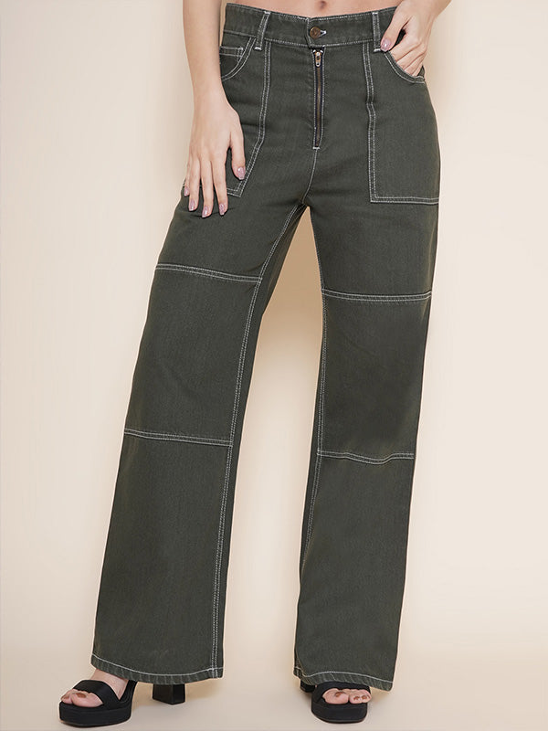 Women olive straight fit jeans